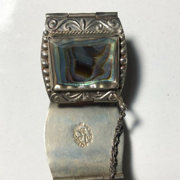 Vintage Sterling Silver Panel Bracelet Abalone Aztec Taxco Mexico  Eagle Head - Picture 9 of 15